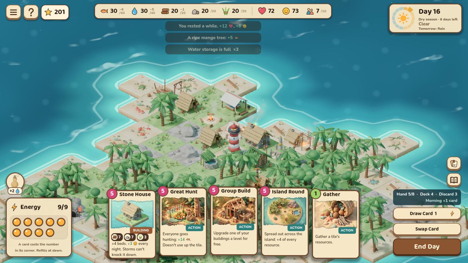 Late game: lighthouse and stone houses