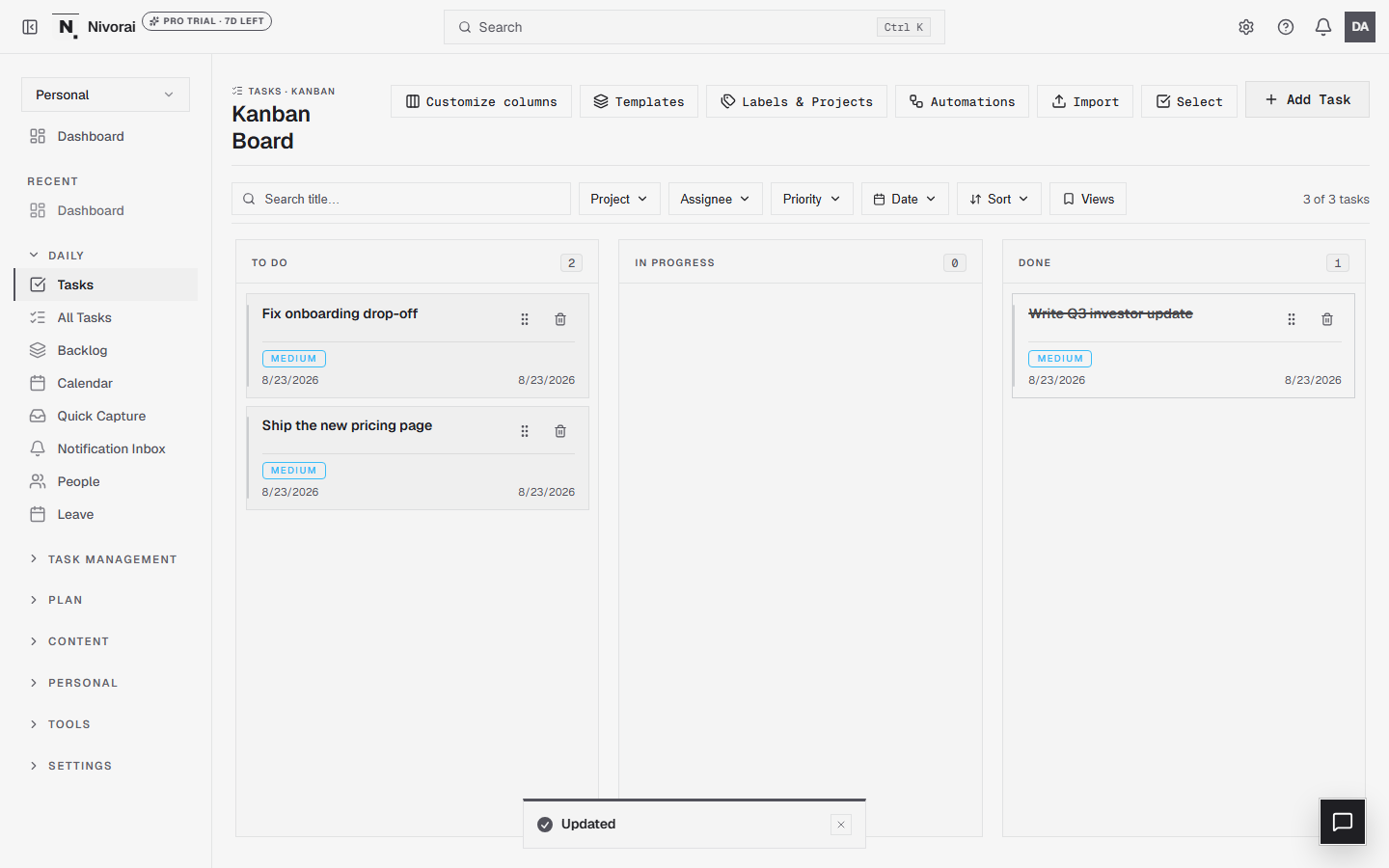 Work: kanban board