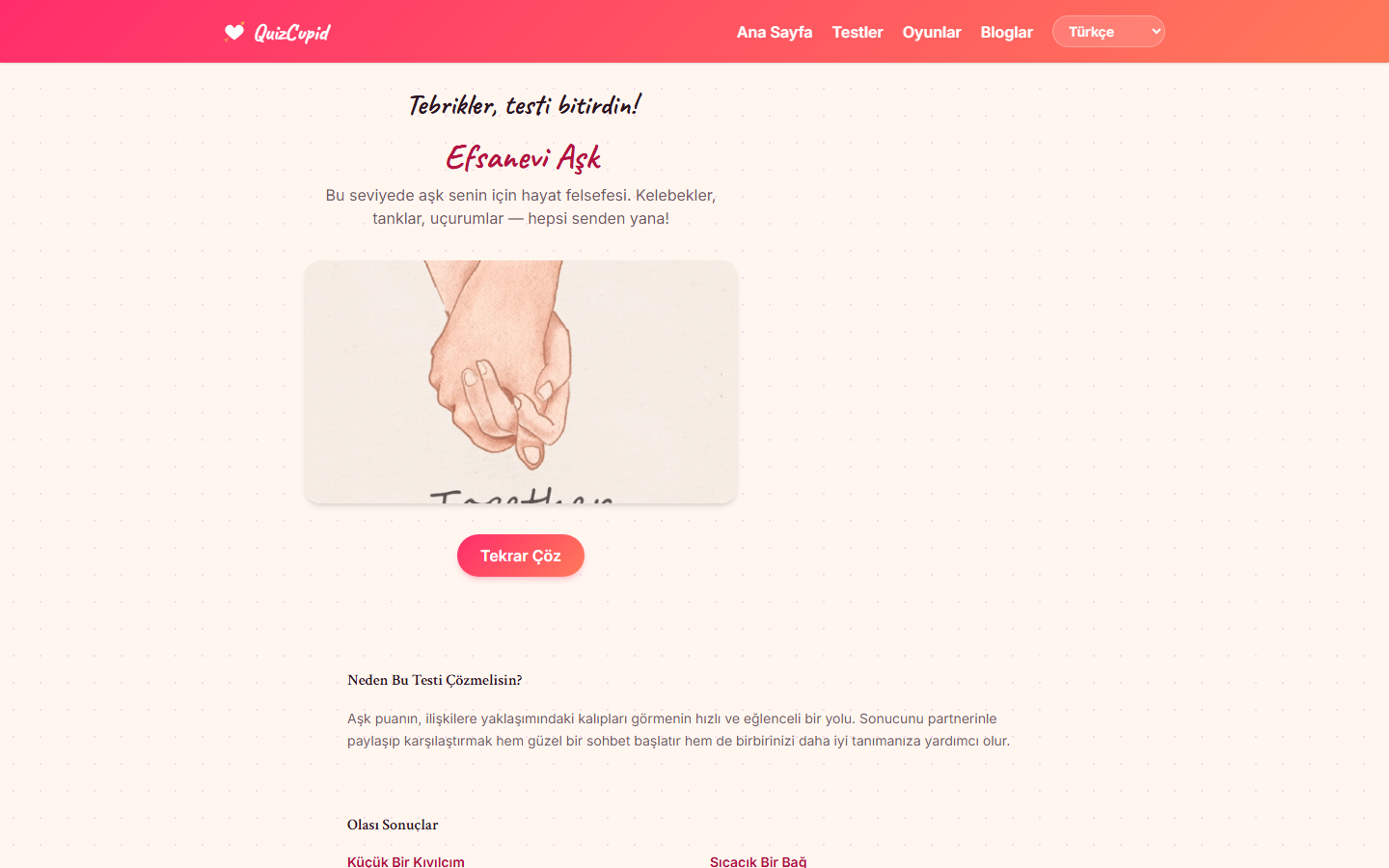 Aşk testi sonuç kartı